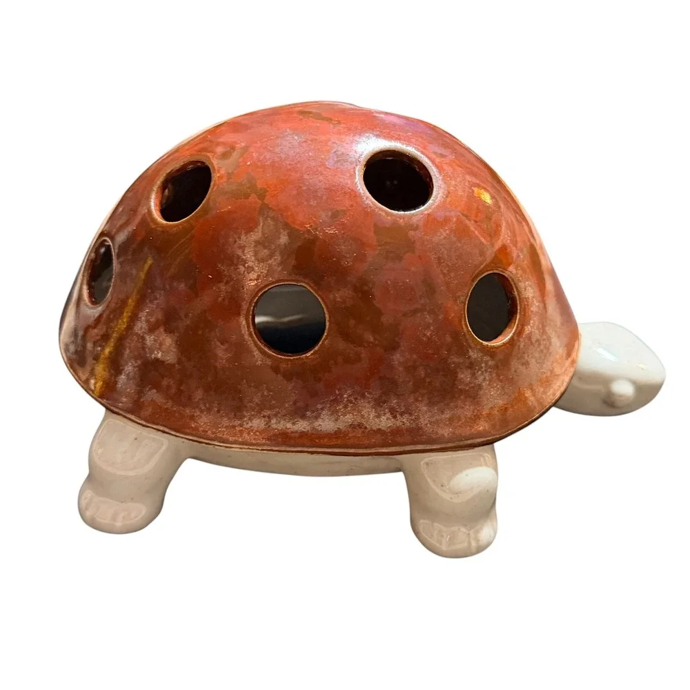 Vintage Vandor 1989 Ceramic Turtle Flower Frog Japan Brown Glazed Shell Decor